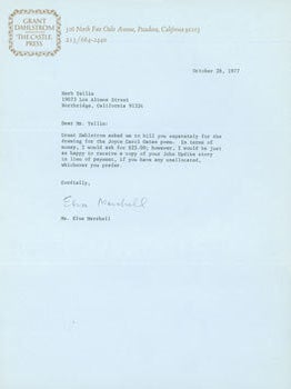 Item #63-5229 TLS Elva Marshall to Herb Yellin, October 28, 1977. RE: Joyce Carol Oates. Elva...