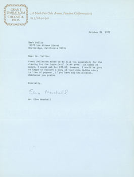 Item #63-5229 TLS Elva Marshall to Herb Yellin, October 28, 1977. RE: Joyce Carol Oates. Elva...
