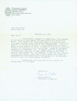 Item #63-5234 TLS Jack De Bellis to Herb Yellin. RE: John Updike limited editions. Feb. 22, 1991....