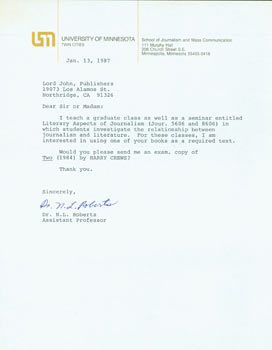 Item #63-5242 TLS N. L. Roberts to Herb Yellin, January 13, 1987. RE: Harry Crews. N. L. Roberts,...