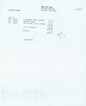 Item #63-5243 Photocopy of a Receipt for books purchased by Carter Burden, with MS note by Herb...