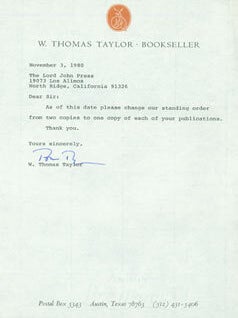 Item #63-5252 TLS W. Thomas Taylor to Herb Yellin. November 3, 1980. Bookseller W. Thomas Taylor