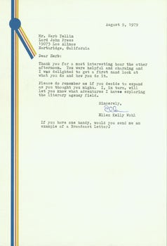 Item #63-5256 TLS Ellen Kelly Wohl to Herb Yellin of Lord John Press. August 9, 1979. RE: Broadcast Letter. Ellen Kelly Wohl.