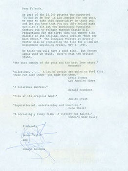 Item #63-5259 Press Release for "It Had To Be You" signed by Renee Taylor & Joseph Bologna....