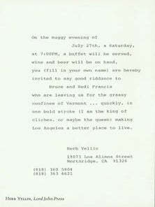 Item #63-5260 Announcement of a Farewell Buffet for Bruce and Heidi Francis. Lord John Press Herb...