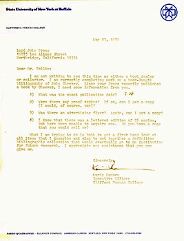 Item #63-5274 TLS Kevin Ransom to Herb Yellin, May 27, 1979, plus copies of related documents. RE: John Cheever. Kevin Ransom, SUNY Buffalo.
