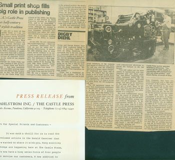 Item #63-5285 Press Release from Grant Dahlstrom Inc. / The Castle Press, with Newspaper Clipping from the Los Angeles Herald Examiner, January 27, 1983, "Small Print Shop Fills Big Role In Publishing" by Digby Diehl. Castle Press, Grant Dahlstrom, Los Angeles Herald Examiner, Digby Diehl, printer.