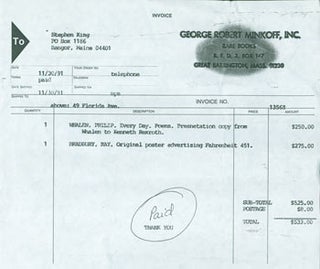 Item #63-5290 Photocopy of a George Robert Minkoff, Inc. Invoice to Stephen King, from November...