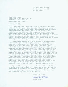 Item #63-5307 TLS David Zeldis to Herb Yellin, May 10, 1990. RE: Zeldis pitching his novella The...