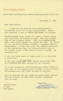 Item #63-5309 TLS Burton Weiss to Herb Yellin, September 4, 1984. RE: John Updike. Serendipity...
