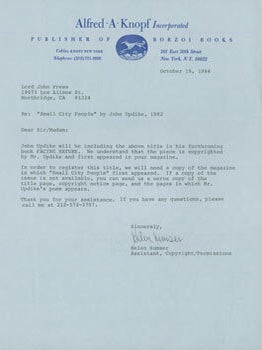 Item #63-5310 TLS Helen Sumser to Herb Yellin, September 4, 1984. RE: John Updike. Alfred A....