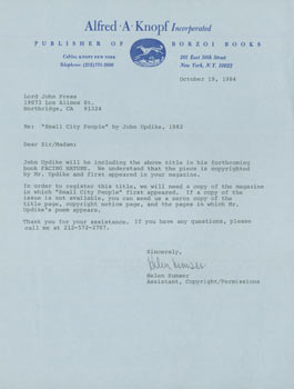 Item #63-5310 TLS Helen Sumser to Herb Yellin, September 4, 1984. RE: John Updike. Alfred A....