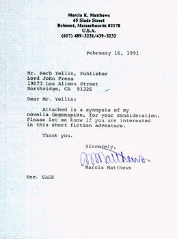 Item #63-5313 TLS Marcia K. Matthews to Herb Yellin, February 16, 1991. RE: pitching her novella...