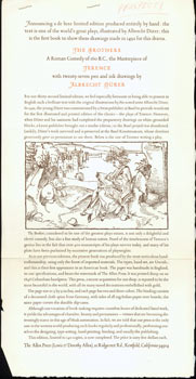 Allen Press (Kentfield, CA); Terence; Albrecht Durer (illustr.) - The Brothers, a Roman Comedy of 160 B.C. , the Masterpiece of Terence, with Twenty-Seven Pen and Ink Drawings, by Albrecht Durer. (This Is the Prospectus for a Book, Not the Book Itself. )