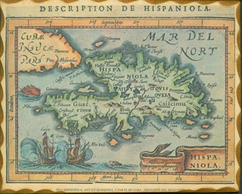 Item #63-5423 Hispaniola. Modern Reproduction of a hand-colored miniature map of Haiti & the Dominican Republic embellished with ships and monsters, originally published in Amsterdam, 1616. After Petrus Bertius, Modern Reproduction.