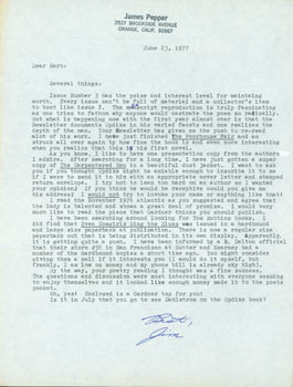 Item #63-5475 TLS James Pepper to Herb Yellin, June 23, 1977. RE: Dahlstrom, Updike, book...