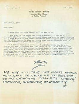 Item #63-5476 TLS w/ MS Notes James Pepper to Herb Yellin, September 1, 1977. RE: Cheever,...