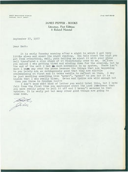 Item #63-5477 TLS James Pepper to Herb Yellin, September 27, 1977. RE: Oates, Updike. James Pepper