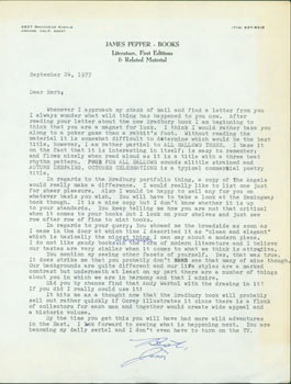 Item #63-5478 TLS James Pepper to Herb Yellin, September 24, 1977. RE: Bradbury, Warhol, Gorey....