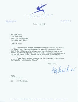 Rae Sanchini (Lightstorm Entertainment) - Tls Rae Sanchini to Herb Yellin, January 16, 1998. Re: Followup Letter Reply to Yellin, Who Had Written James Cameron to Acquire the Rights to Publish the Titanic Script