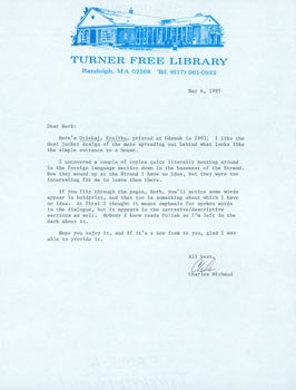 Item #63-5497 TLS Charles Michaud to Herb Yellin, May 6, 1995. RE: John Updike. Charles Michaud, Turner Free Library.