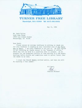 Item #63-5498 TLS Charles Michaud to Herb Yellin, May 31, 1995. RE: John Updike. Charles Michaud, Turner Free Library.