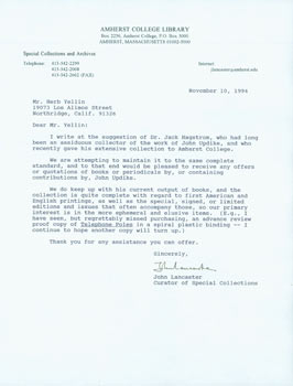 Item #63-5509 TLS John Lancaster to Herb Yellin, November 10, 1994. RE: John Updike; Jack...