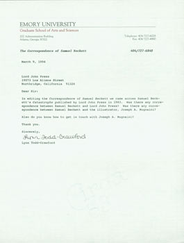 Item #63-5516 TLS Lynn Todd-Crawford to Herb Yellin, March 9, 1994. RE: Samuel Beckett. Lynn...