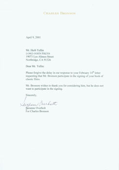 Item #63-5519 TLS Suzanne Overholt (For Charles Bronson) to Herb Yellin, April 9, 2001. Suzanne...