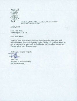 Item #63-5522 TLS Peter Hale (Assistant to Allen Ginsburg) to Herb Yellin, June 4, 1994. Allen...