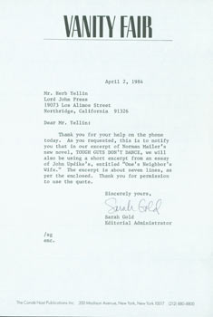 Vanity Fair; Sarah Gold - Tls Sarah Gold (Vanity Fair Editor) to Herb Yellin, April 2, 1984. Re: Norman Mailer & John Updike