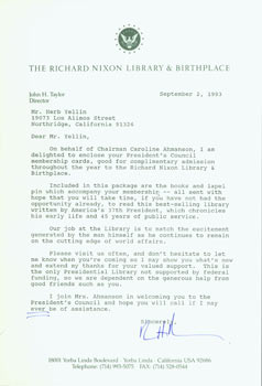 Item #63-5528 TLS John H. Taylor (director of the Richard Nixon Library) to Herb Yellin,...
