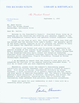Item #63-5531 TLS Caroline Ahmanson (Chairman of the Richard Nixon Library) to Herb Yellin,...