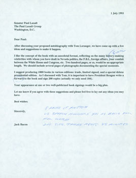 Item #63-5544 Draft of letter with MS Notes, Jack Bacon to Senator Paul Laxalt, 1 July, 1993. RE:...
