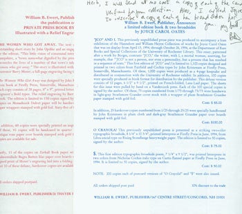 William B. Ewert, Publisher (Concord, NH) - Als William B. Ewert to Herb Yellin (Lord John Press) Written on Announcement of New Publications, Including a Limited Edition Joyce Carol Oates