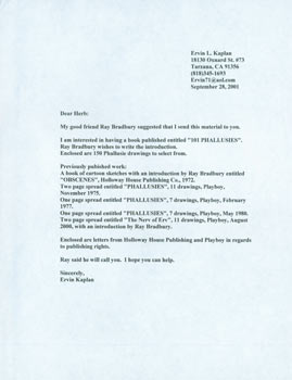 Item #63-5560 Printed letter Ervin L. Kaplan to Herb Yellin, RE: Ray Bradbury. September 28, 2001. Ervin L. Kaplan.