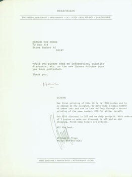 Item #63-5563 TLS Yellin to Trego, with reply by same in margin, 4/29/96. RE: Thomas McGuane....