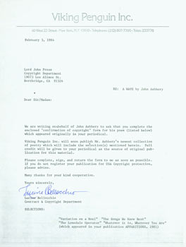 Item #63-5570 Photocopy of typed letter, with original inked signature of Lucine Bellocchio to...