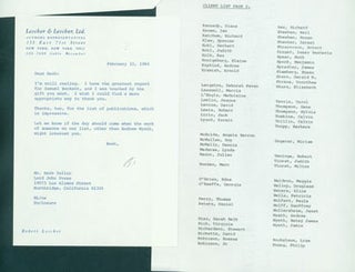 Item #63-5571 TLS Robert Lescher to Herb Yellin, February 22, 1984. RE: Samuel Beckett; Andrew...