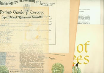 Item #63-5625 Eight Certificates, Awards, Diplomas & Acknowledgements of Service to Thornton Taft Munger, for a lifetime of service in Forestry. Thornton Taft Munger, 1883 - 1975.