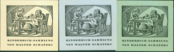 Item #63-5698 Kinderbuch-Sammlung von Walter Schatzki. Three variants of German Children's Library bookplates, Letterpress on Green, Blue & Cream Paper. Walter Schatzki, 1899 - 1983.