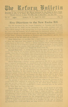 Item #63-5704 Five Objections to the New Excise Bill. Reform Bulletin, April 13, 1917. The Reform Bulletin, NY Albany.