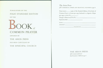 Item #63-5717 Publication Of the Folio Standard Edition of the Book Of Common Prayer Offered by the Arion Press Has Been Cancelled By the Episcopal Church. November 1, 1982. Arion Press, Andrew Hoyem.