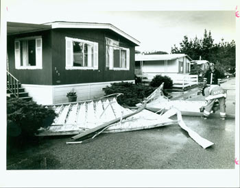 [Yip Russell] (phot.); [San Mateo Times Newspaper Group] - Original Photograph of Half Moon Bay Wind Damage, 1/7/1992. Mobile Homes Damaged. Marked Up Both Sides by Newspaper Editorial Staff