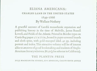 Item #63-5997 Prospectus for Eliana Americana: Charles Lamb In The United States (This is the...