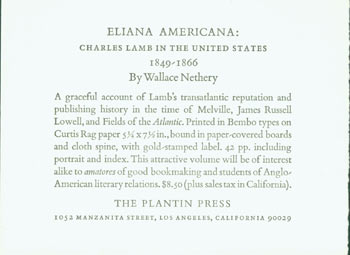 Item #63-5997 Prospectus for Eliana Americana: Charles Lamb In The United States (This is the prospectus for a book, not the book itself). Plantin Press, Wallace Nethery, Los Angeles.