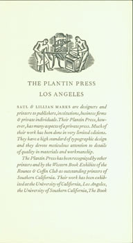 Item #63-5999 The Plantin Press, Los Angeles. [Dealer Catalogue]. Plantin Press, Dawson's Book...