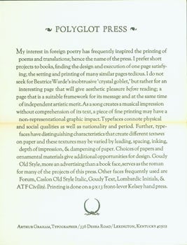 Item #63-6019 Polyglot Press. Polyglot Press, Typographer Arthur Graham, Kentucky Lexington