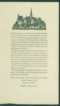 Item #63-6083 Philip Reed Announces The Opening of His Printing Office at 44 East Superior Street, Chicago, Illinois, where his service is available for typographic design, wood engraving in color and black & white, illustration and printing. Printing Office of Philip Reed, Chicago.
