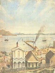Item #63-6158 Seasons Greetings. Antoinette and Warren Howell. 1850s Painting of San Francisco...